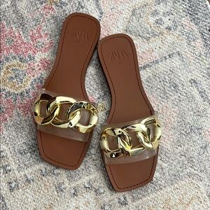 Zara Gold Chain Brown Sandals
